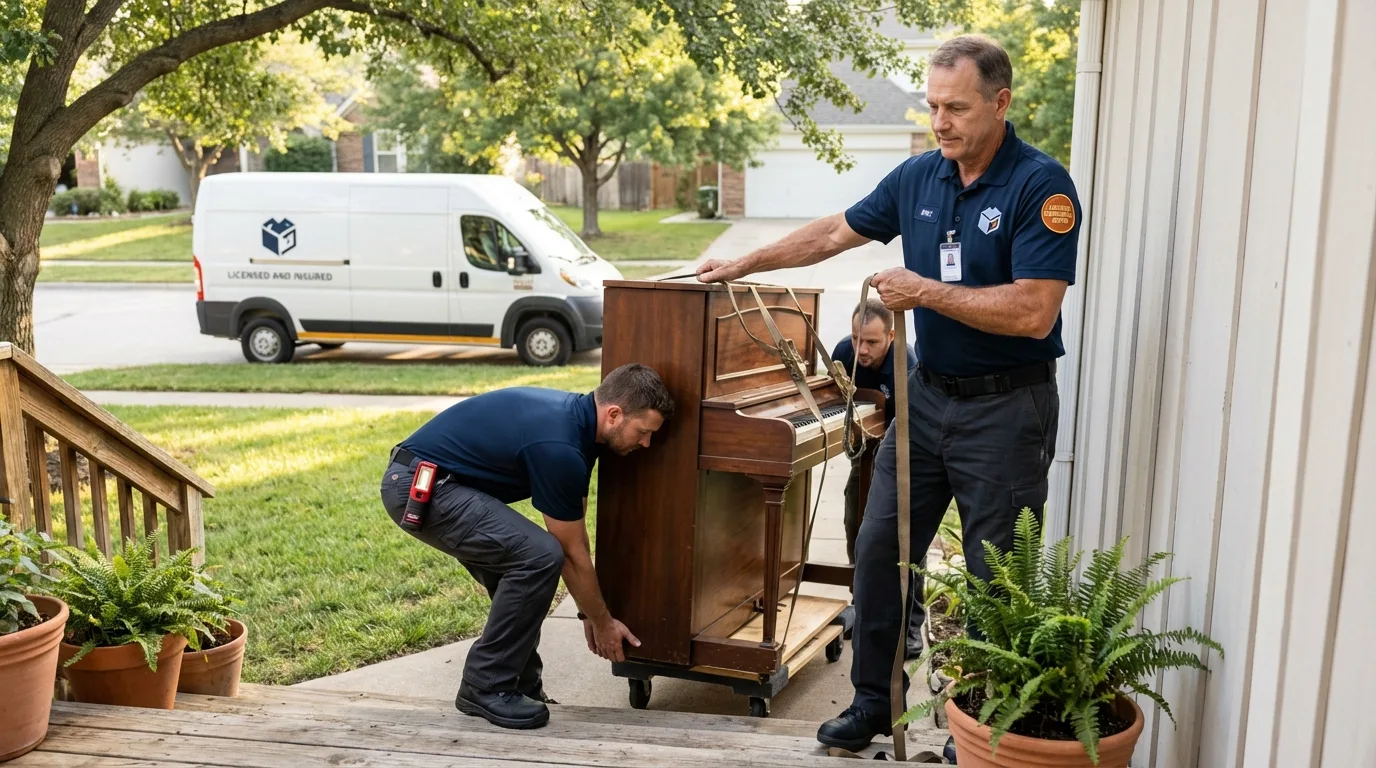 Licensed piano movers securing grand piano in Naguabo, PR